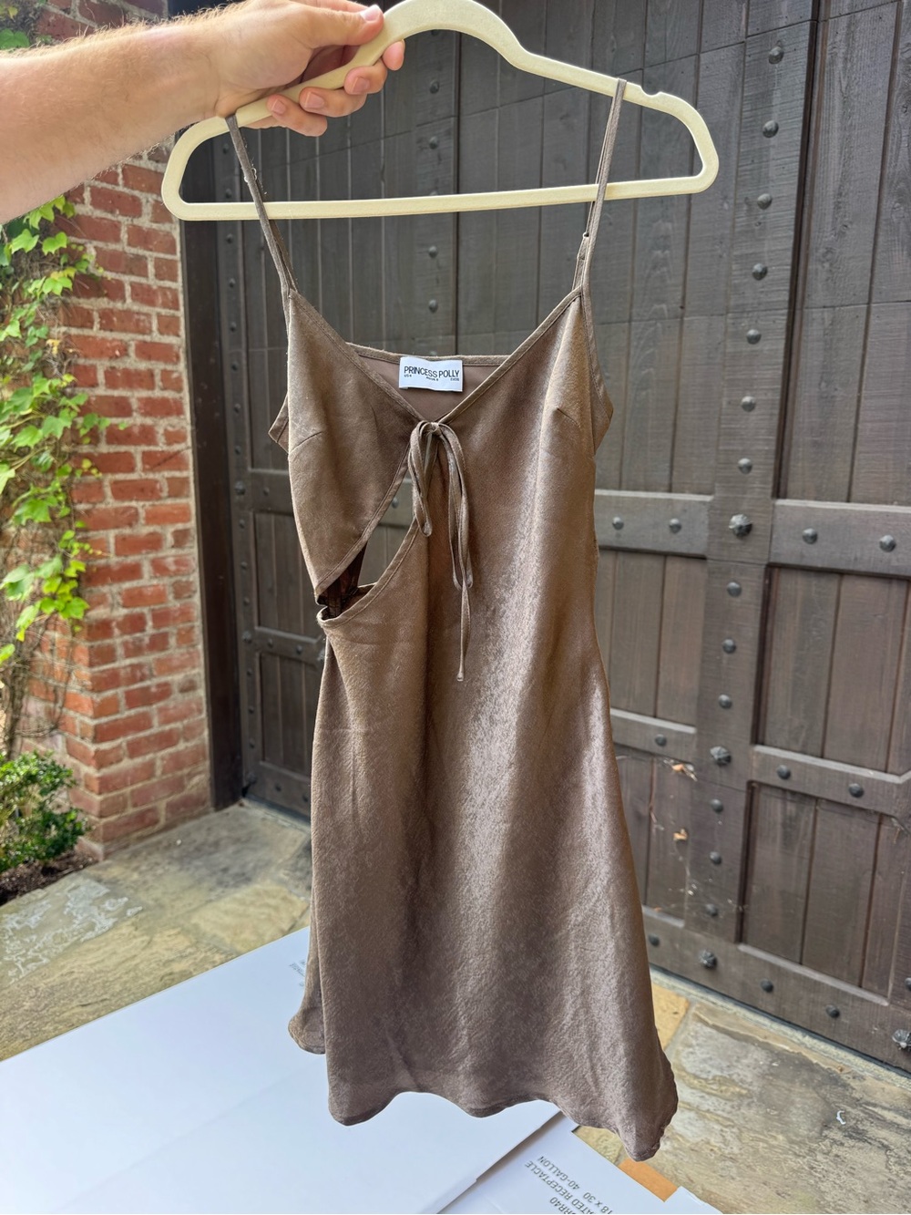 Princess Polly Brown Satin Mini Slip Dress with Front Tie